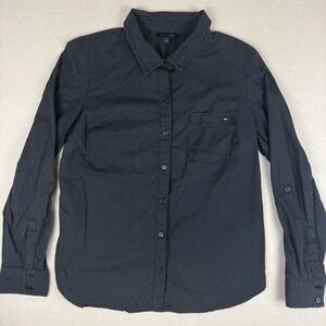 Tommy Hilfiger Womens Navy Blue Polka Dot Cotton Button Down Shirt Size M
